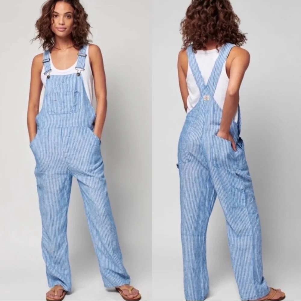 Faherty Linen Mechanic Overall Womens Medium‎ Blue Railroad Stripe NWT $178